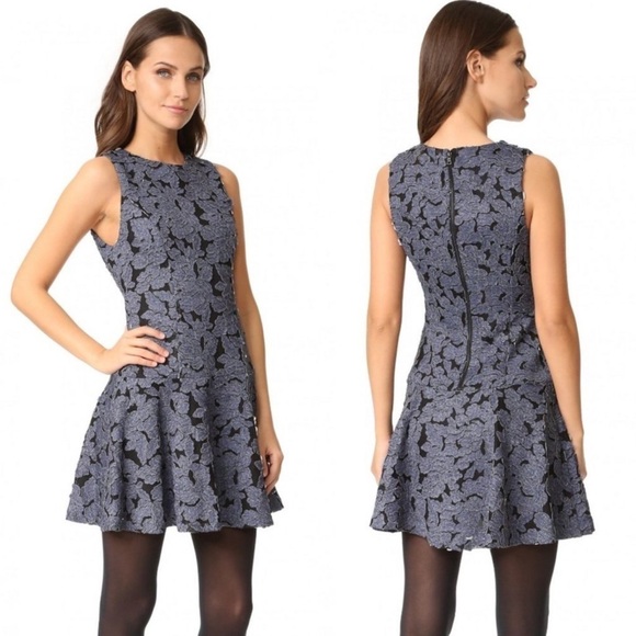 ALICE + OLIVIA FONDA SLEEVELESS DROP WAIST DENIM FLORAL APPLIQUE MINI DRESS - Picture 1 of 15